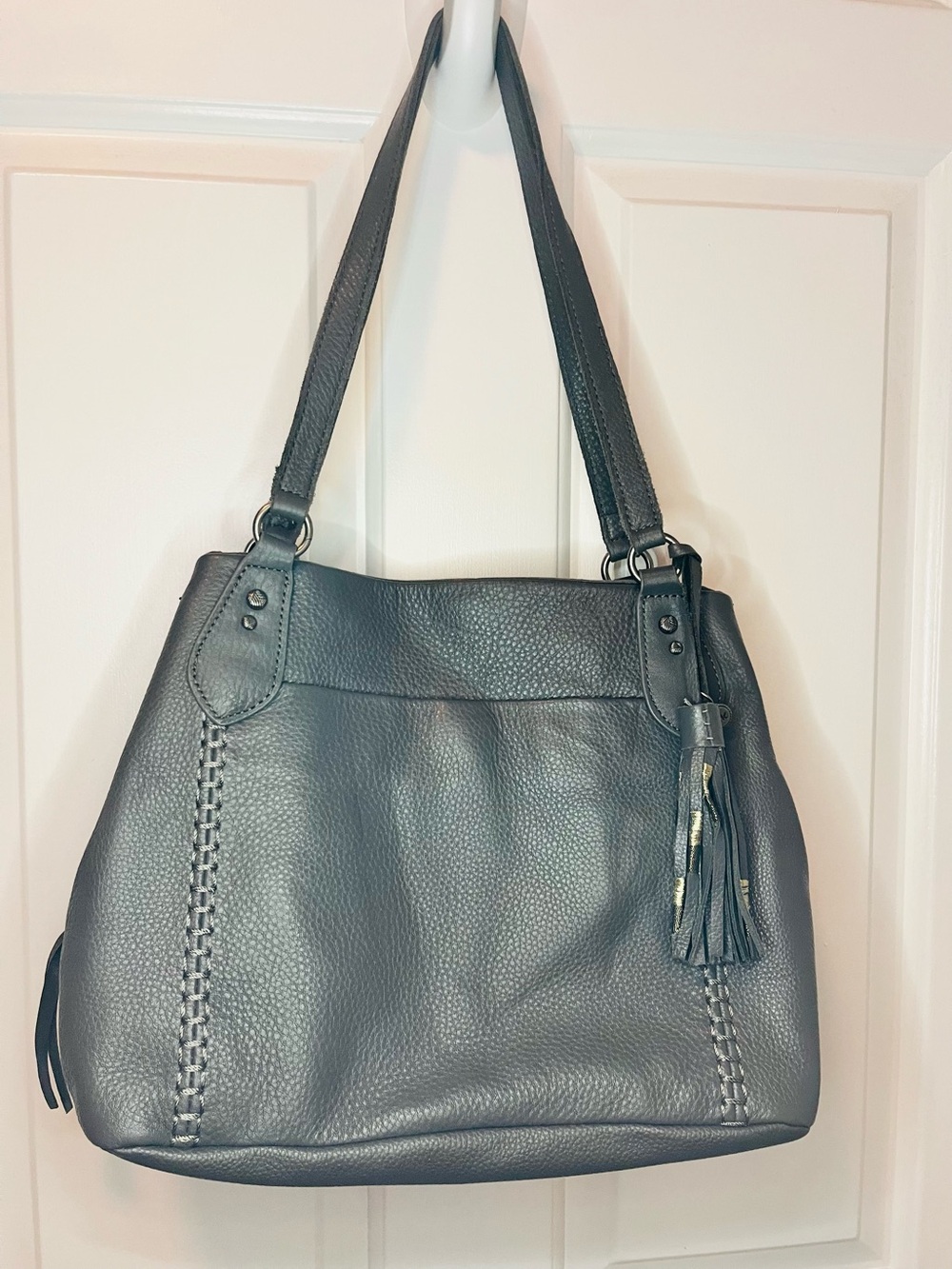 The Sak Pebbled Leather Double Strap Shoulder Bag in Dark Gray
